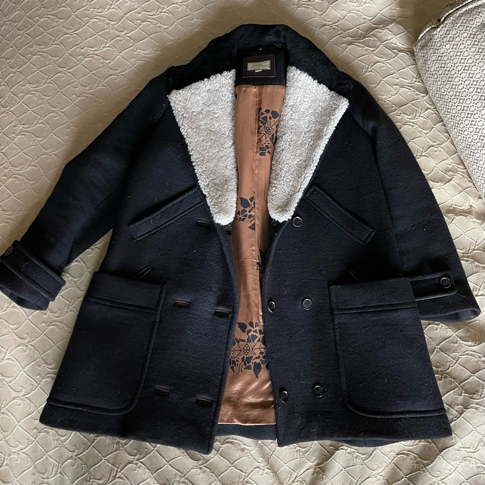 Billy Reid wool pea coat shearling collar leather trim